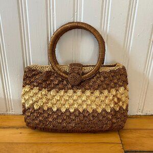 Vintage Two-Tone Lined Straw Bag With Circular Handle
